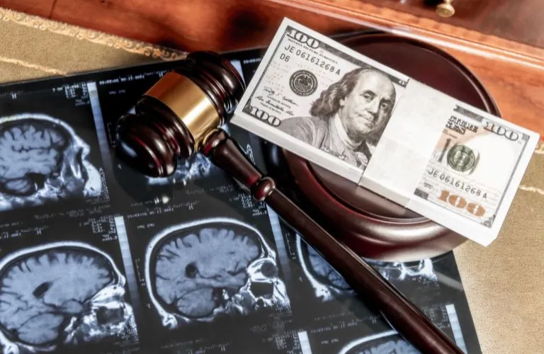 Gavel, stack of hundred-dollar bills, and brain MRI scans on a wooden surface.