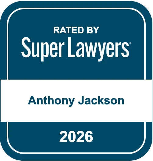 Badge with dark blue background and white text reading "Rated by Super Lawyers Anthony Jackson 2026